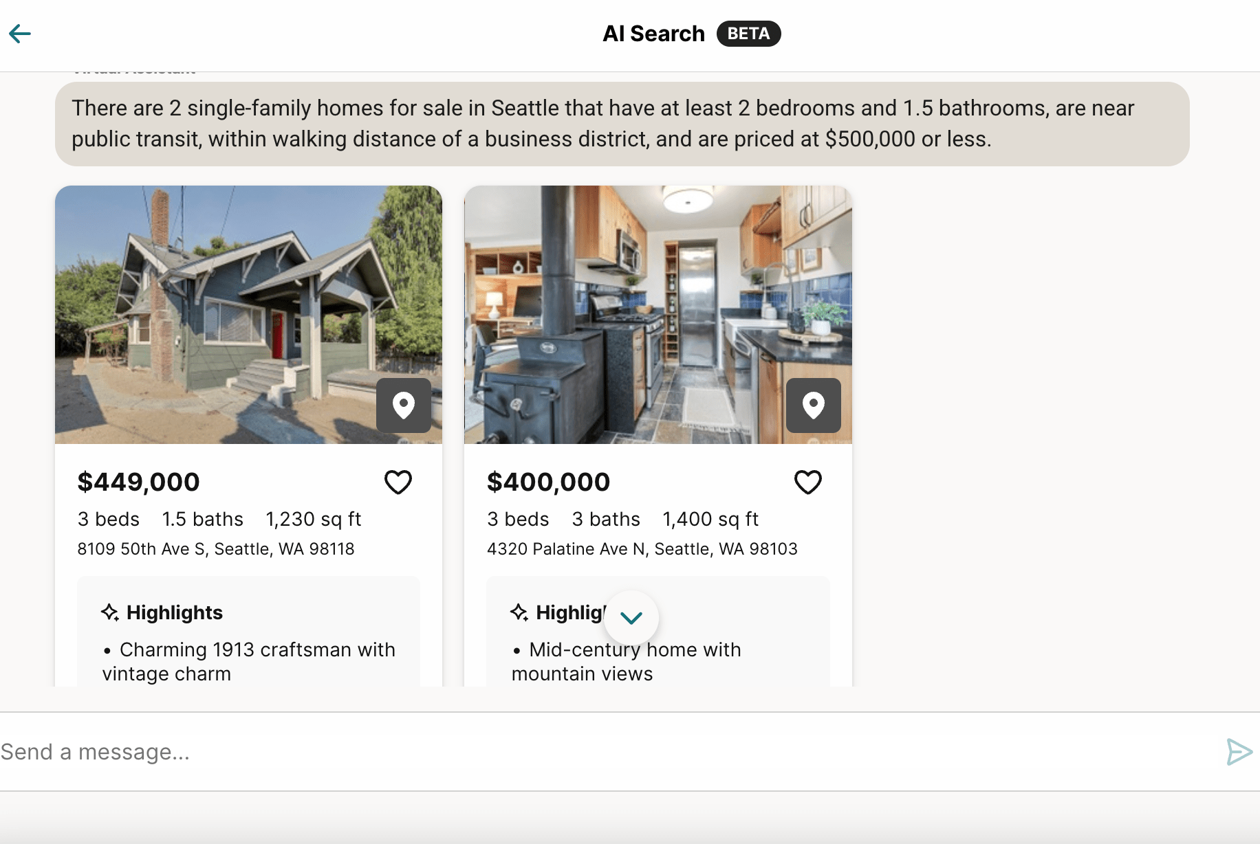 Screenshot of real estate listings displayed in chat with Redfin AI search